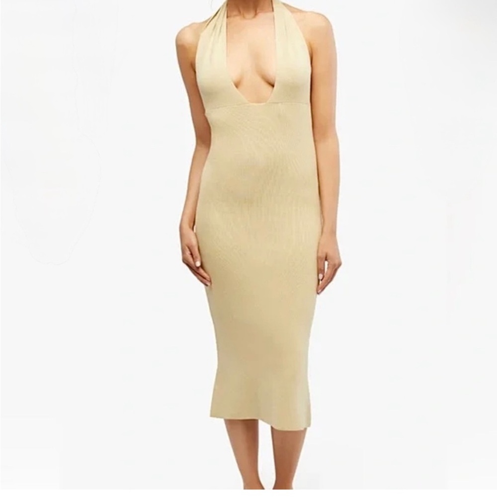 WeWoreWhat Cream Bodycon Halter Dress